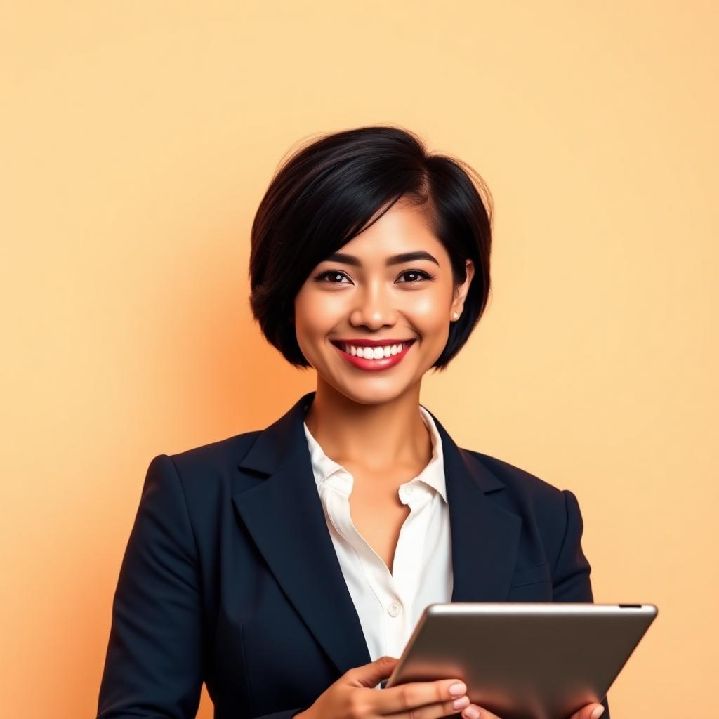 Profissional de negócios sorridente segurando tablet em ambiente corporativo
